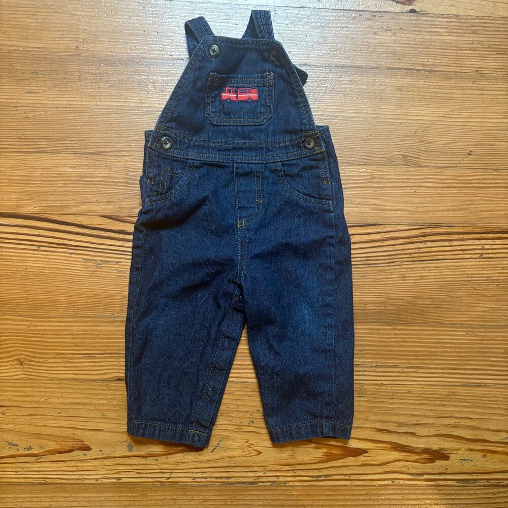 Carter’s dark denim fire‎ truck embroidered baby overalls SIZE 9M